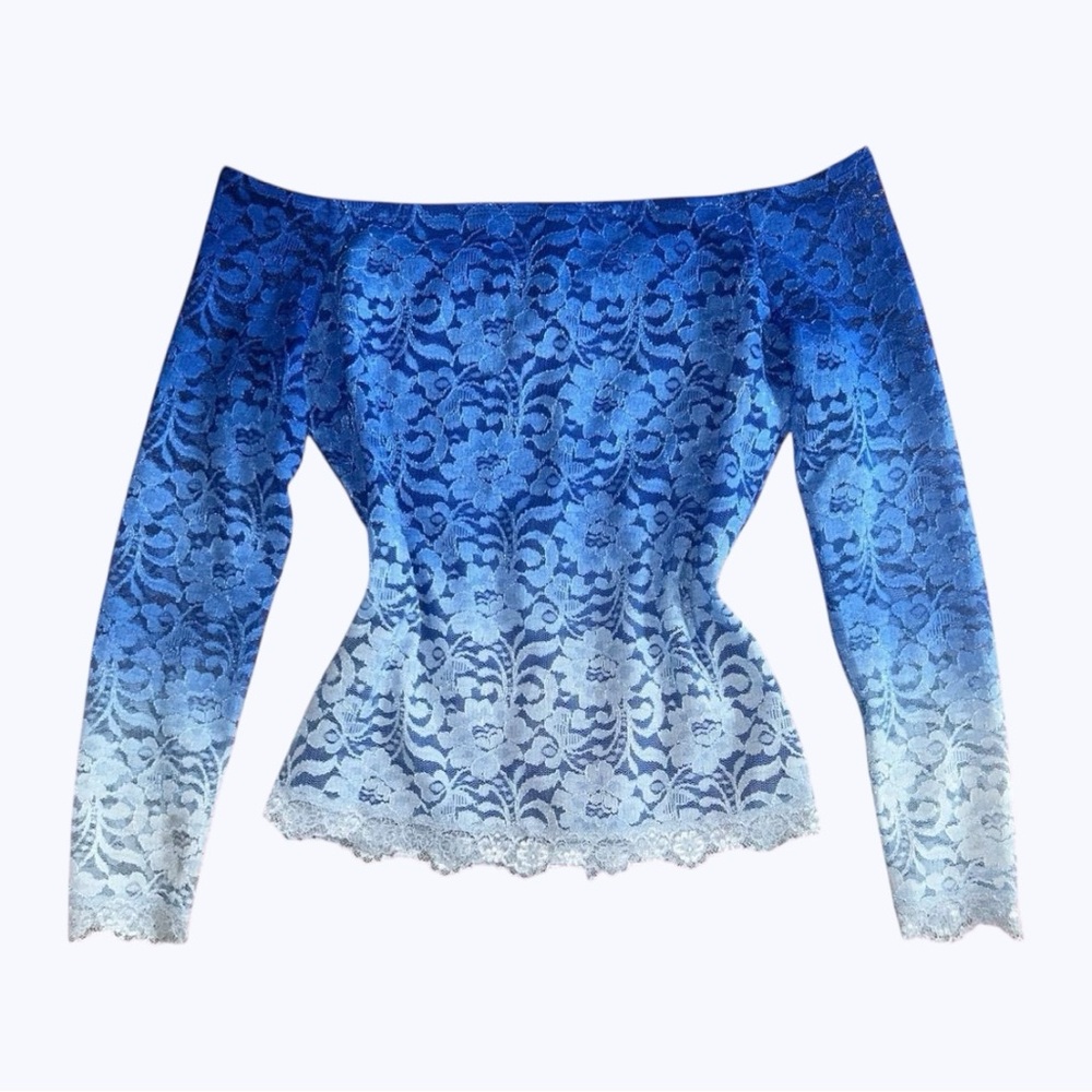 Y2K Venus floral lace mesh ombre blue off the shoulder long sleeve top